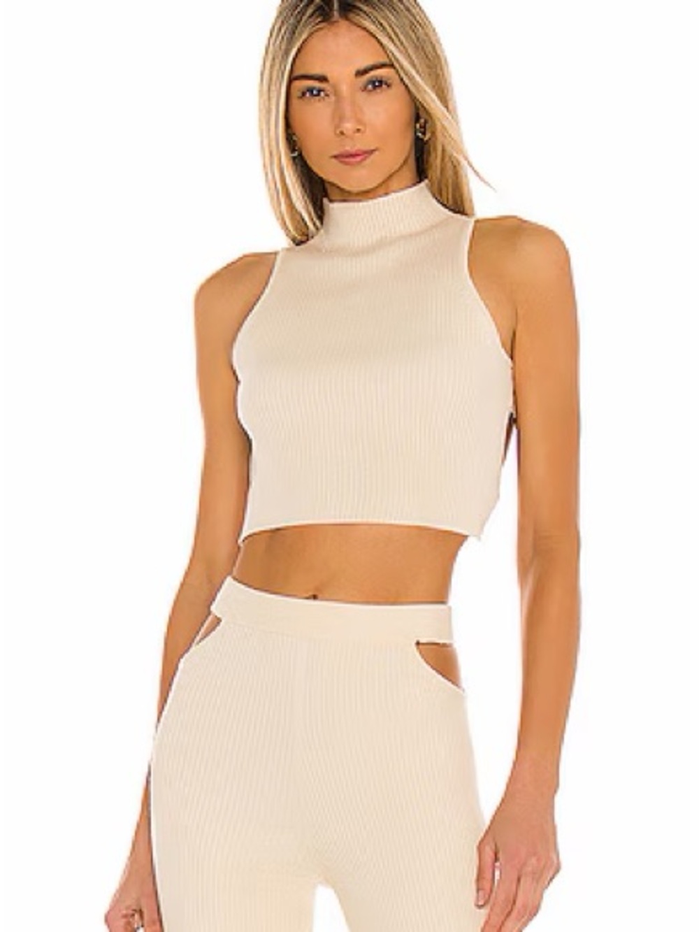 Camila Coelho Cream Ribbed Sleeveless Mock Neck Crop Top